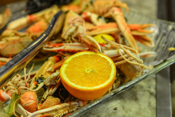 Seafood buffet line in hotel restaurant