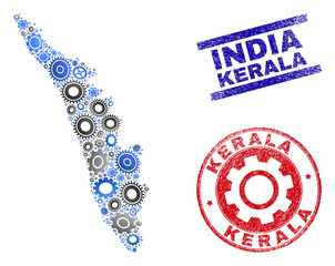 Service vector Kerala State map mosaic and stamps. Abstract Kerala State map is constructed from gradient random cogs. Engineering geographic scheme in gray and blue colors,