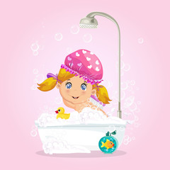 Baby in bath., girl taking bubble bath with foam