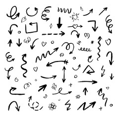 Abstract arrows, doodles and other elements in hand drawn style for concept design. Doodle illustration. Vector template for decoration