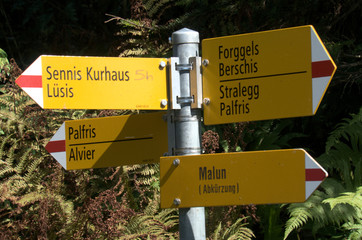 Walkers' signpost on Palfries, near Walenstadt, Swiss Alps