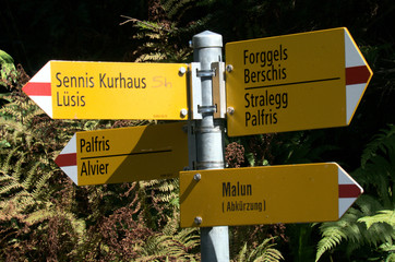 Walkers' signpost on Palfries, near Walenstadt, Swiss Alps