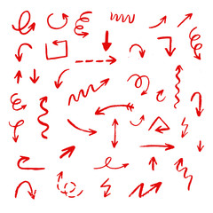 Abstract red arrows in hand drawn style for concept design. Doodle illustration. Vector template for decoration