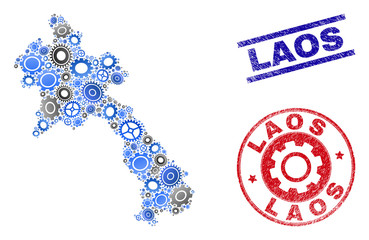 Service vector Laos map mosaic and seals. Abstract Laos map is organized with gradient scattered gear wheels. Engineering geographic scheme in gray and blue colors,