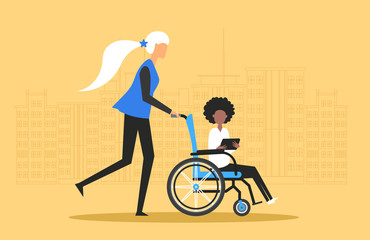 Fototapeta premium Design concept picture of white woman who helps little black girl, child in a manual wheelchair, disabled carriage. Big city on yellow background. Vector illustration.