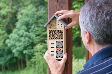 Man installing insect hotel. Environmental conservation - insect house.