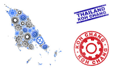 Repair workshop vector Koh Chang map composition and seals. Abstract Koh Chang map is done with gradient scattered gearwheels. Engineering geographic plan in gray and blue colors,