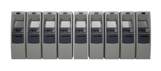 row of ATMs isolated on white front view