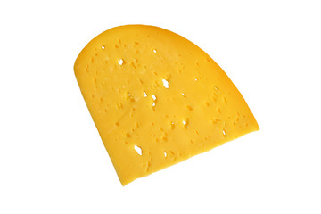 Slice of yellow cheese with small holes isolated on white background