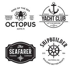 Set of sea and nautical typography badges and design elements. Templates for company logo. Marine cruise, yacht club, trading companym, shipbuilding and other themes.