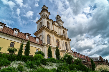 Buchach, Ternopil region, Ukraine, April 13, 2019: Basilian Monastery on the hill in the city center, view from different angles.