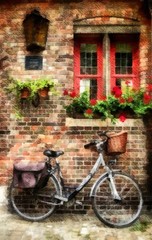 Fototapeta na wymiar bicycle and red window on brick wall vintage Retro stylish cycling in town old bike commuting in city urban environment ecological transportation concept watercolor painting wallpaper background