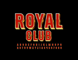 Fototapeta na wymiar Vector chic logo Royal Club with 3D Uppercase Font. Golden and Red Alphabet Letters and Numbers