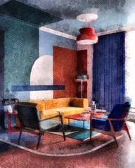 modern living room with yellow cozy sofa and wooden blue chair and vintage lamp, interior design watercolor painting wallpaper background