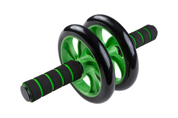 wheel for fitness training, strengthening the muscles of the back and abdominals, on a white...