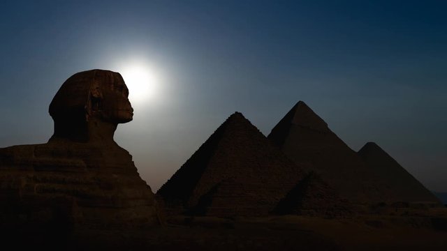 The Great Sphinx and Egyptian Pyramids of Giza, Time Lapse at Sunset, Cairo, Egypt