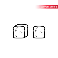 Bread, loaf and sliced toast bread thin line icon set. Slice of bread outline vector symbol set. Editable black stroke.