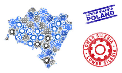 Gear vector Lower Silesia Province map collage and seals. Abstract Lower Silesia Province map is designed from gradiented scattered cogs. Engineering geographic plan in gray and blue colors,