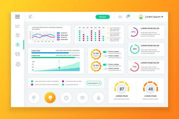 Dashboard admin panel vector design template with infographic elements, chart, diagram, info graphics. Website dashboard for ui and ux design web page. Vector illustration.