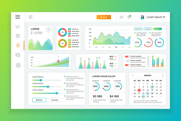 Dashboard admin panel vector design template with infographic elements, chart, diagram, info graphics. Website dashboard for ui and ux design web page. Vector illustration.