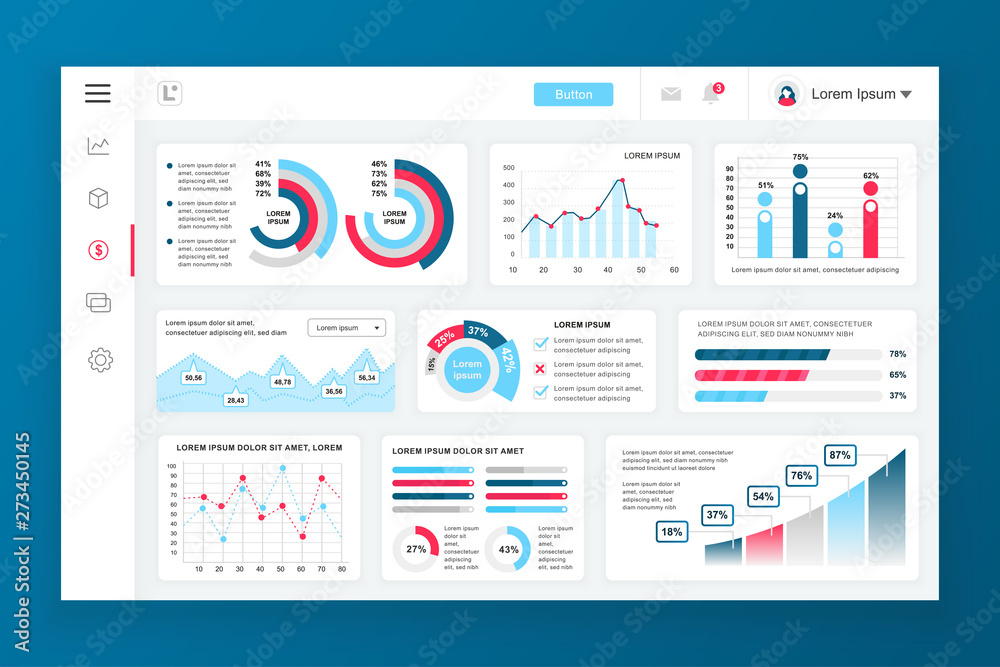 Fototapete Dashboard admin panel vector design template with infographic elements, chart, diagram, info graphics. Website dashboard for ui and ux design web page. Vector illustration.