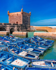 essaouira morocco port blue boats - obrazy, fototapety, plakaty