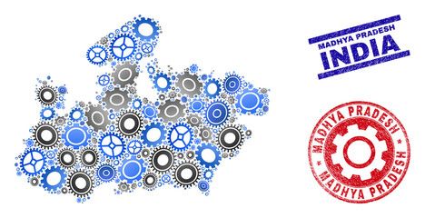 Gear vector Madhya Pradesh State map mosaic and seals. Abstract Madhya Pradesh State map is organized from gradient random gear wheels. Engineering territorial scheme in gray and blue colors,