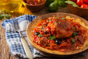 Traditionally made chicken in tomato sauce cacciatore.