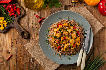 Buckwheat with chicken and vegetables.