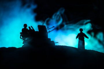 War Concept. Military silhouettes fighting scene on war fog sky background,