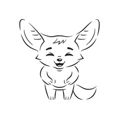 Black and white illustration of laughing fennec fox with paws on its belly. Cute kawaii cartoon character. Funny emotion and face expression. Isolated on white background