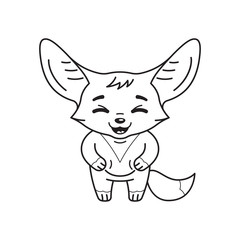 Black and white illustration of laughing fennec fox with paws on its belly. Cute kawaii cartoon character. Funny emotion and face expression. Isolated on white background