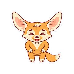 Laughing fennec fox with paws on its belly. Cute kawaii cartoon character. Funny emotion and face expression. Isolated on white background