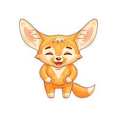 Laughing fennec fox with paws on its belly. Cute kawaii cartoon character. Funny emotion and face expression. Isolated on white background