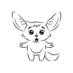 Black and white illustration of amazed fennec fox with paws spreading wide. Cute kawaii cartoon character. Funny emotion and face expression. Isolated on white background