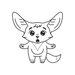 Black and white illustration of amazed fennec fox with paws spreading wide. Cute kawaii cartoon character. Funny emotion and face expression. Isolated on white background