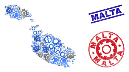 Workshop vector Malta map mosaic and stamps. Abstract Malta map is created from gradient random cogwheels. Engineering territory scheme in gray and blue colors,
