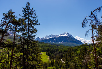 Panorama of Mount Faloria on a sunny day, under a blue sky with no clouds. Cortina d'Ampezzo, Dolomites, Italy.