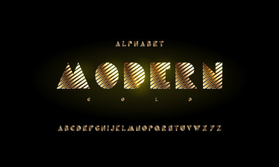 Modern gold stylized font and alphabet.