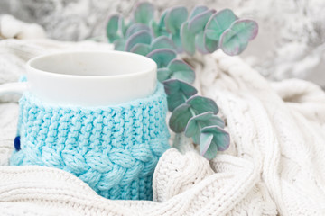 White mug with tea in a knitted blue frame and wrapped in a white knitted plaid. In the background, sprigs of eucalyptus and cotton. Breakfast in bed. Cozy. Spring, winter.