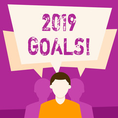 Text sign showing 2019 Goals. Business photo showcasing something you hope to achieve or get in near or far future Faceless Man has Two Shadows Each has Their Own Speech Bubble Overlapping