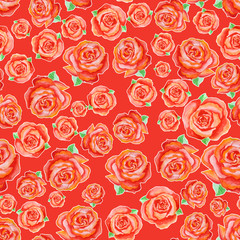 Seamless pattern of different red roses with green leaves, randomly arranged on a red background.