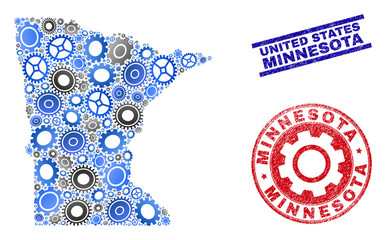 Service vector Minnesota State map composition and stamps. Abstract Minnesota State map is composed of gradiented scattered gearwheels. Engineering territory scheme in gray and blue colors,