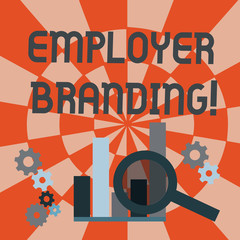 Text sign showing Employer Branding. Business photo text promoting company employer choice to desired target group Magnifying Glass Over Bar Column Chart beside Cog Wheel Gears for Analysis