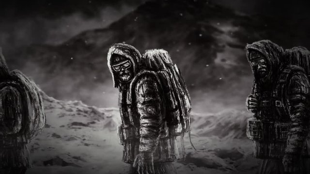 Climbers follow the local guide. Travel in nature in the mountains. Genre of fantasy. Black and white background color.