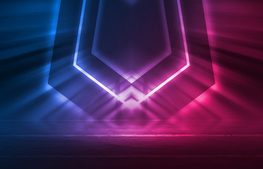 Empty background scene. Dark street reflection on wet asphalt. Rays of neon light in the dark, neon figures, smoke. Background of empty stage show. Abstract dark background.