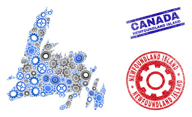 Workshop vector Newfoundland Island map collage and stamps. Abstract Newfoundland Island map is created from gradient scattered gearwheels. Engineering territory plan in gray and blue colors,