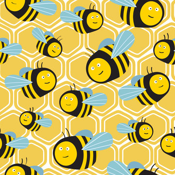 Bees and honeycombs, hand drawn seamless pattern. Colorful backdrop with insects. Beekeeping. Decorative illustration, good for printing. Wallpaper design