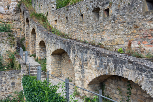 Medieval fortifications Luxembourg city downtown Grund with stairs and footpath