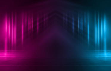 Empty background scene. Dark street reflection on wet asphalt. Rays of neon light in the dark, neon figures, smoke. Background of empty stage show. Abstract dark background.
